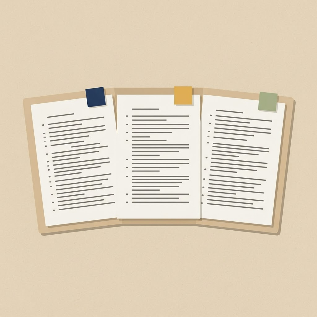 Three plain paper pages fanned out, each with a small colored tab and rows of plain lines